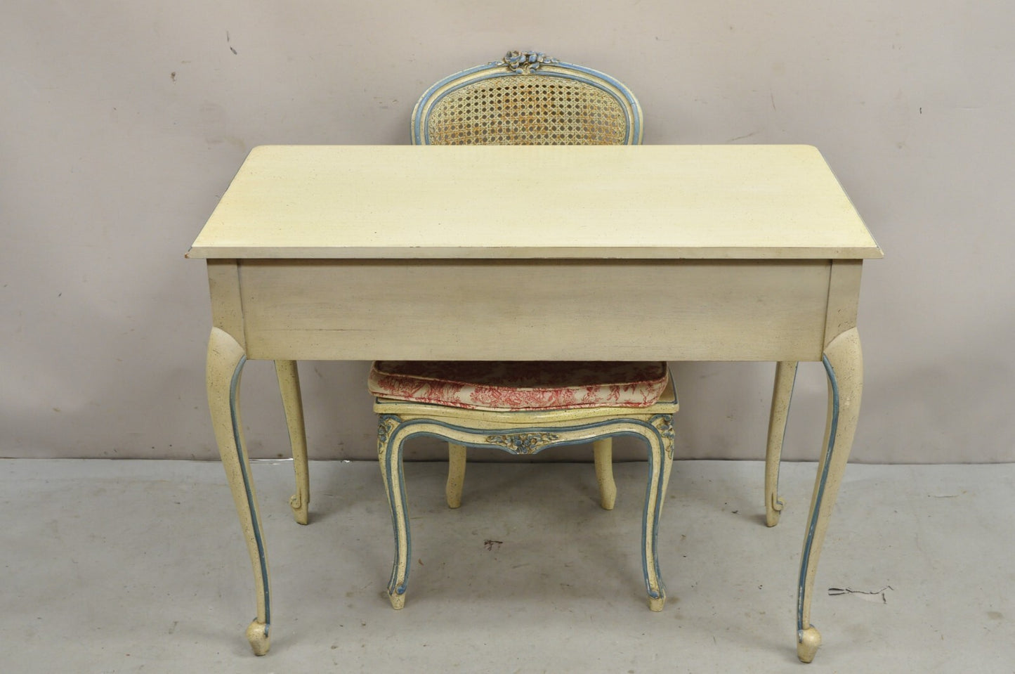 Vintage French Provincial Louis XV Cream & Blue Ladies Writing Desk Chair Set