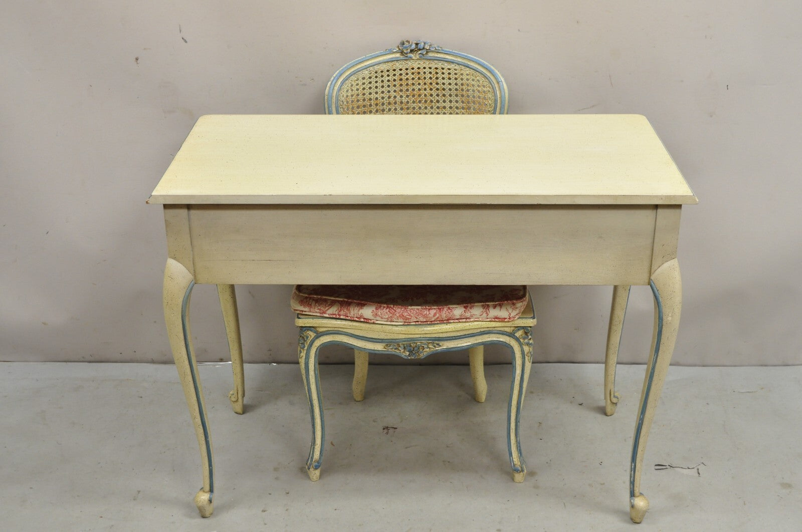 Vintage French Provincial Louis XV Cream & Blue Ladies Writing Desk Chair Set