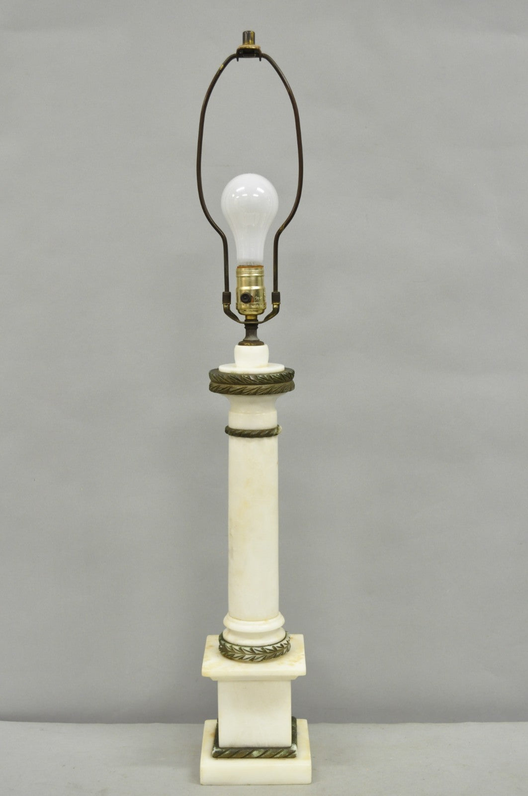 Antique Italian Classical White Carved Marble Empire Column Table Lamp