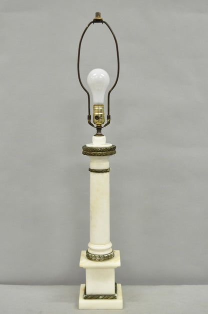 Antique Italian Classical White Carved Marble Empire Column Table Lamp