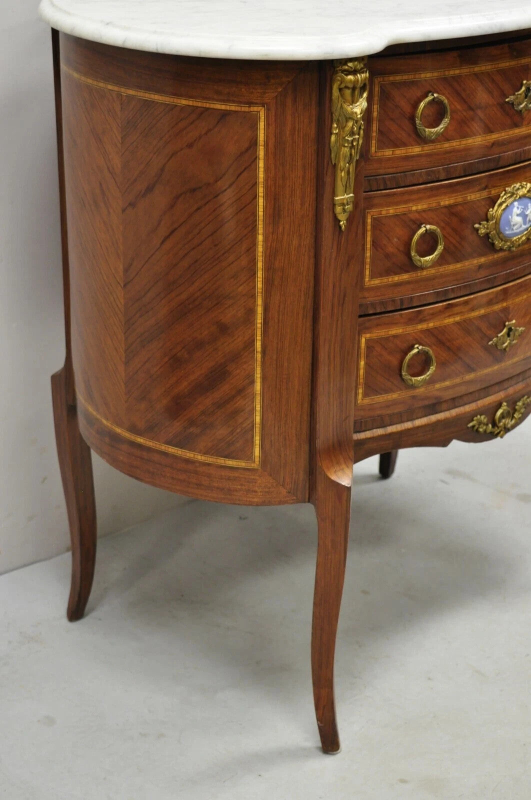 Antique French Louis XV Style Marble Top Bronze Ormolu Bombe Commode Nightstand