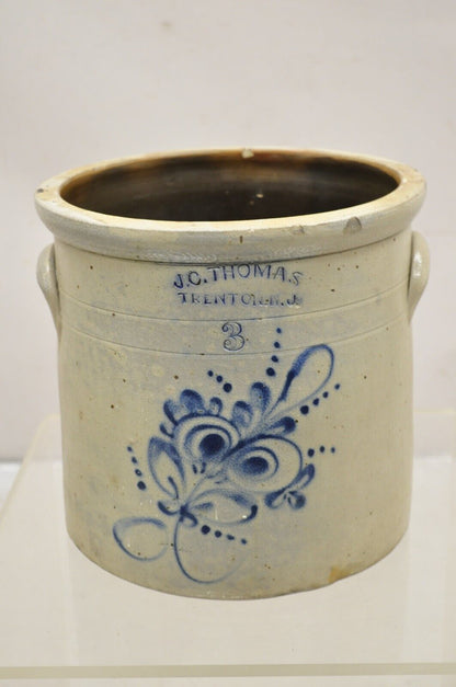 Antique J.C. Thomas Trenton NJ 3 Gallon Stoneware Crock Pot Cobalt Blue Flower