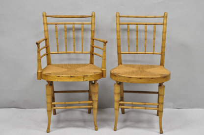 Antique English Regency Faux Bamboo Rush Seat Wooden Dining Chairs - Set of 6