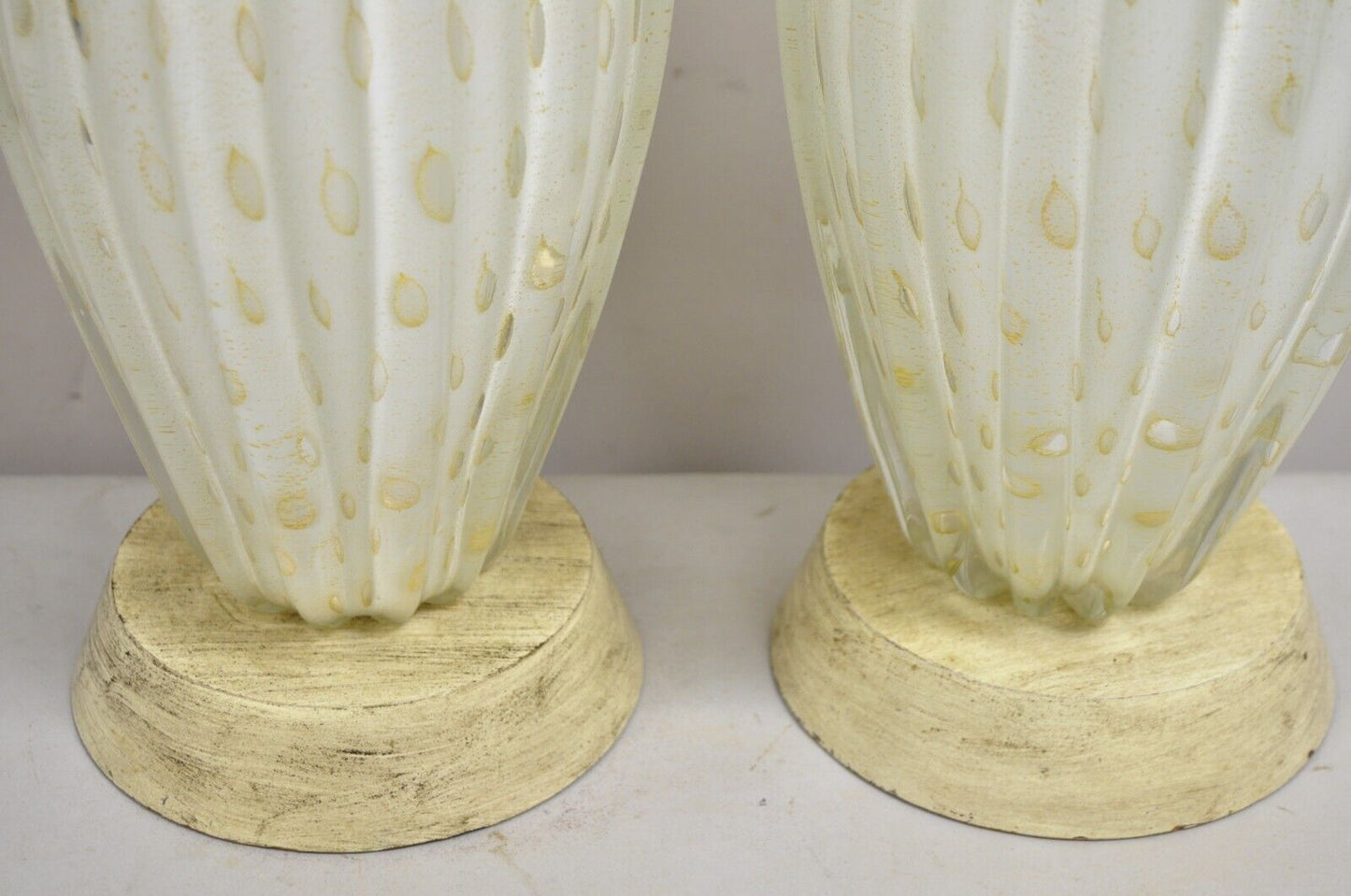 Vintage Murano Italy Camer Glass Gold Flecks White Sinuous Table Lamps - a Pair