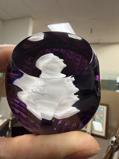 Cristal D'Albret France Franklin D Roosevelt Sulphide Paperweight Faceted Purple