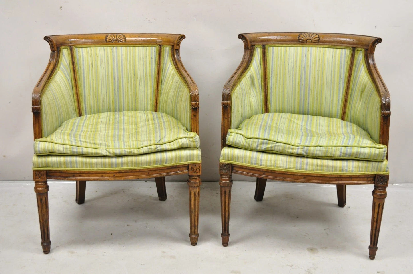 Antique Italian Regency Distress Carved Walnut Barrel Back Club Arm Chair, Pair