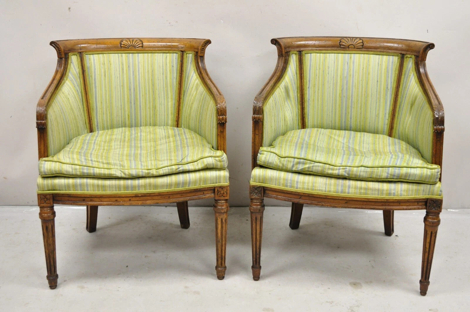 Antique Italian Regency Distress Carved Walnut Barrel Back Club Arm Chair, Pair
