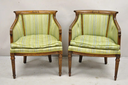 Antique Italian Regency Distress Carved Walnut Barrel Back Club Arm Chair, Pair