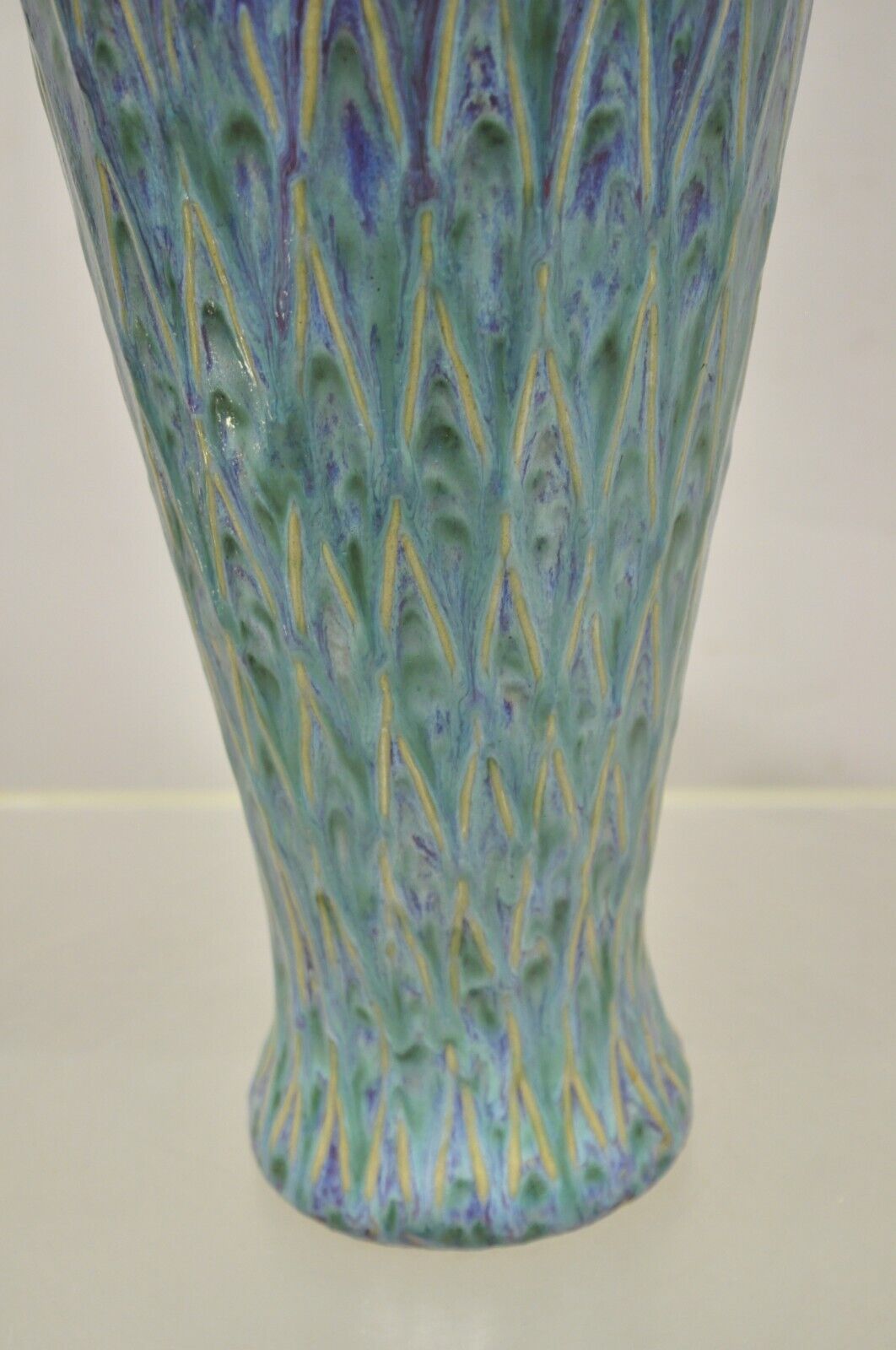 Mid Century Modern Ceramic Pottery Glazed Feather Pulled 20" Purple Blue Vase