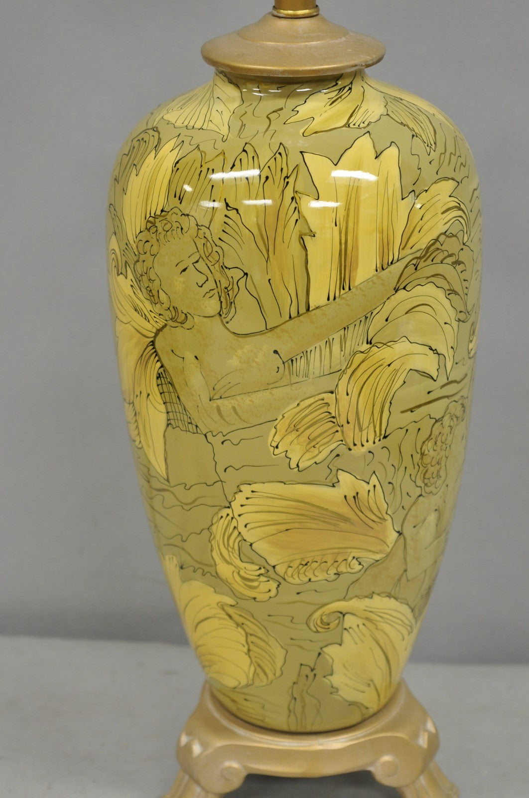 Contemporary Art Nouveau Revival Yellow Glass Jardiniere Table Lamp w/ Figures