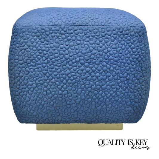 Vintage 1960s Square Pouf Ottoman Blue Stitched Fabric Rolling Casters Wheels