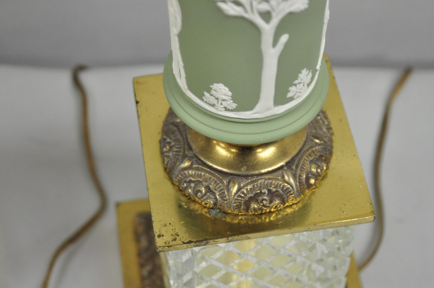 Vintage French Neoclassical Green Jasperware Candelabra Table Lamps - a Pair