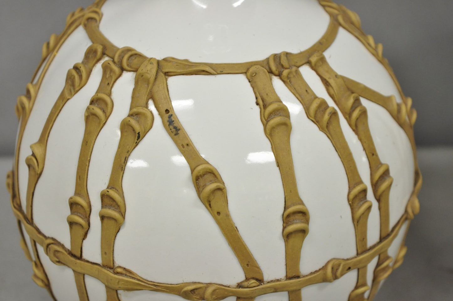 Vintage Hollywood Regency Small Bulbous Ceramic Faux Bamboo Table Lamps - a Pair
