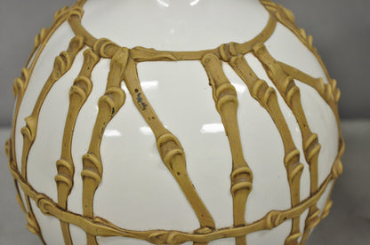 Vintage Hollywood Regency Small Bulbous Ceramic Faux Bamboo Table Lamps - a Pair
