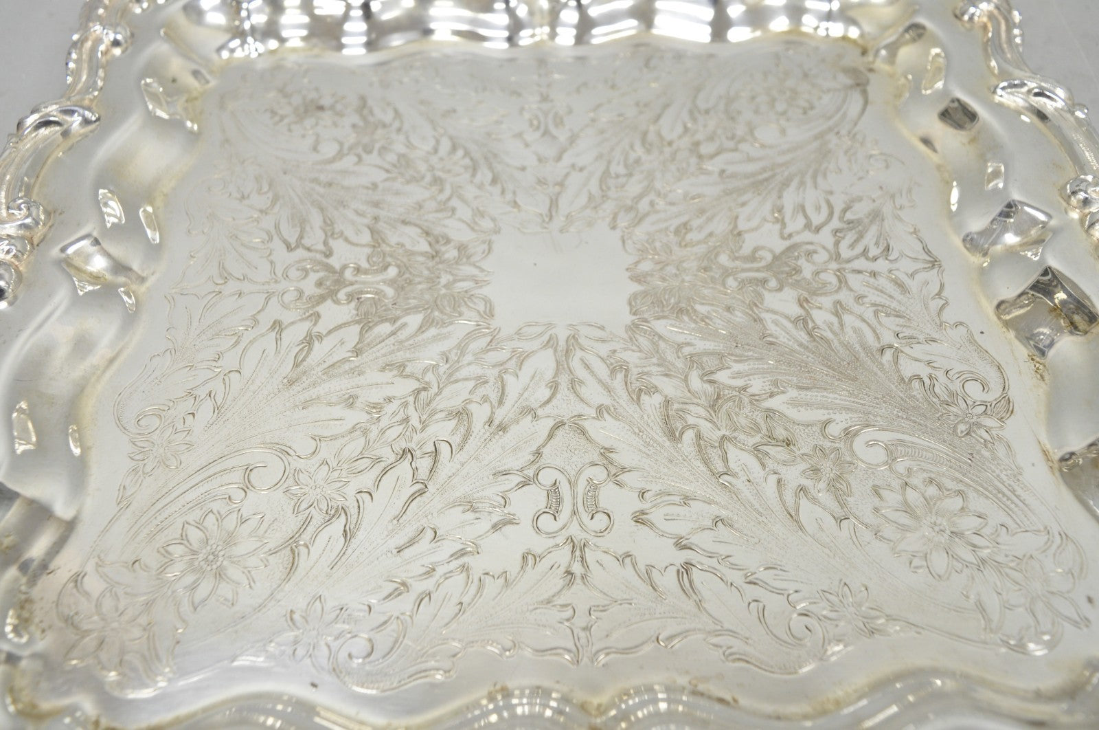 Vintage English Silver Mfg. Silver Plated Ornate Square Bar Serving Platter Tray