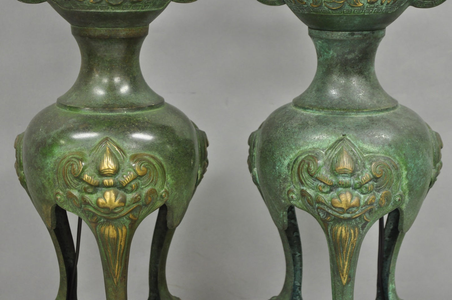 Chinoiserie James Mont Style Green Bronze Chinese Foo Dog Table Lamps - a Pair