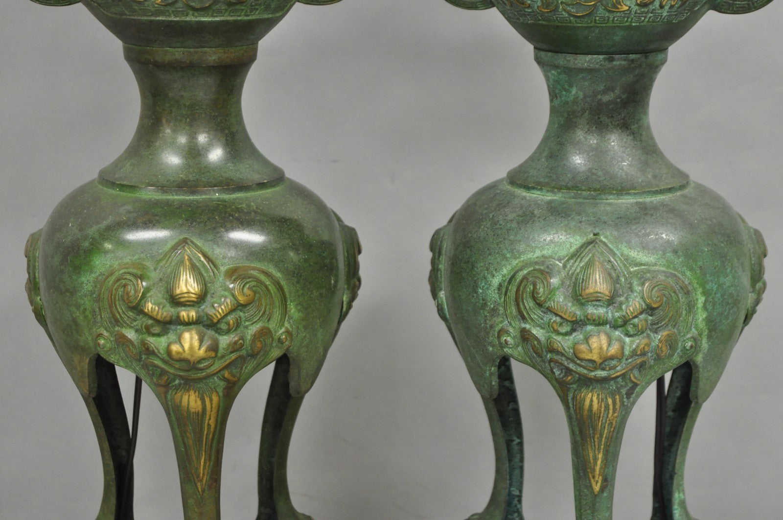 Chinoiserie James Mont Style Green Bronze Chinese Foo Dog Table Lamps - a Pair