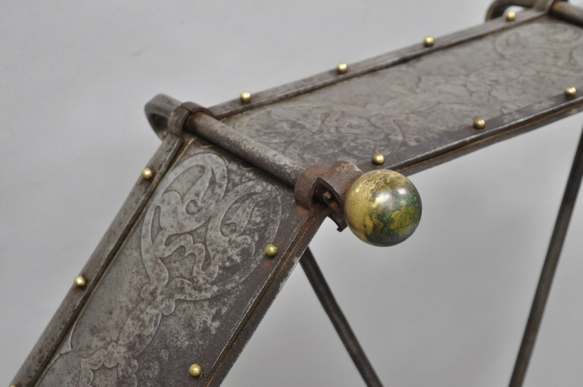 Antique Gothic Spanish Renaissance Steel Brass Octagonal Glass Top Coffee Table