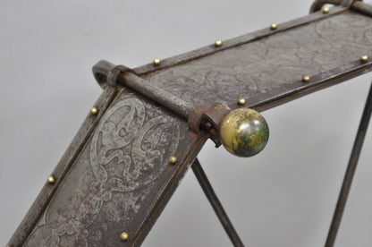 Antique Gothic Spanish Renaissance Steel Brass Octagonal Glass Top Coffee Table