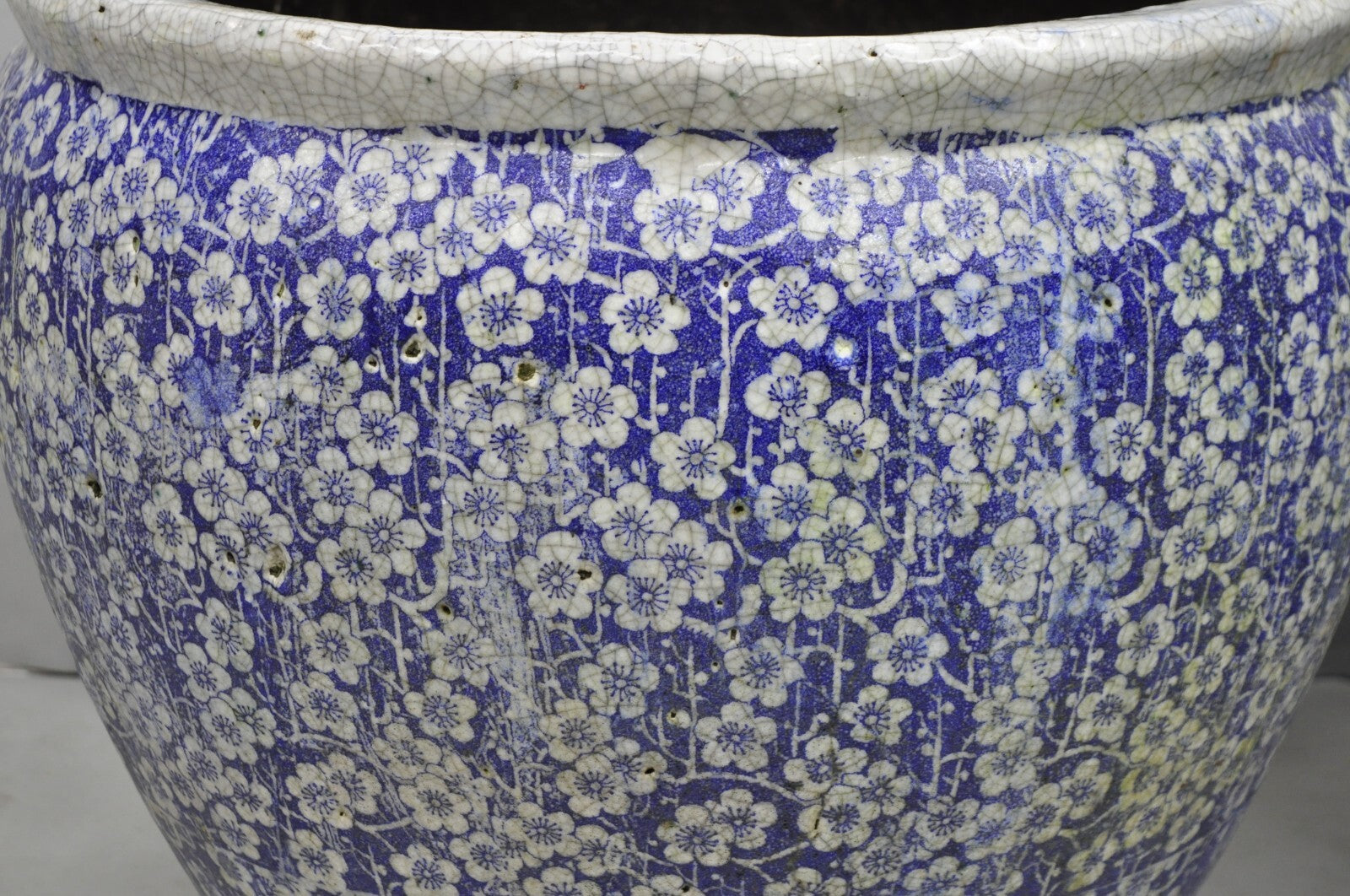 Antique Chinoiserie Large Blue White Terracotta 23" Jardiniere Planter Pot Pair
