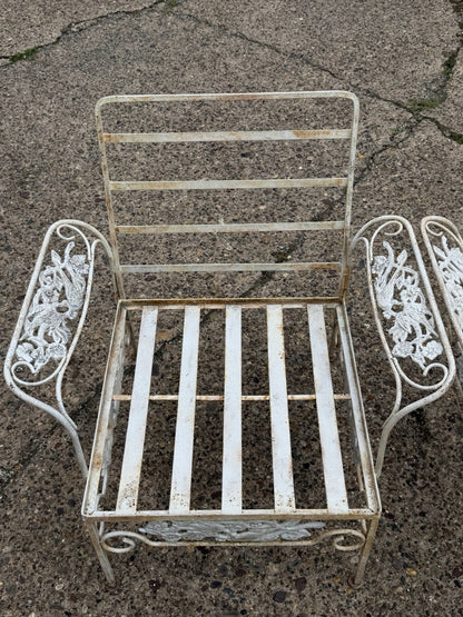 Vintage Russell Woodard "Kissing Birds" Wrought Iron Patio Lounge Chair - Pair