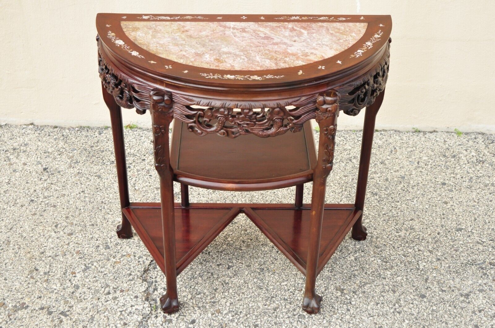 Vintage Oriental Chinese Carved Hardwood Demilune Marble Top Console Table