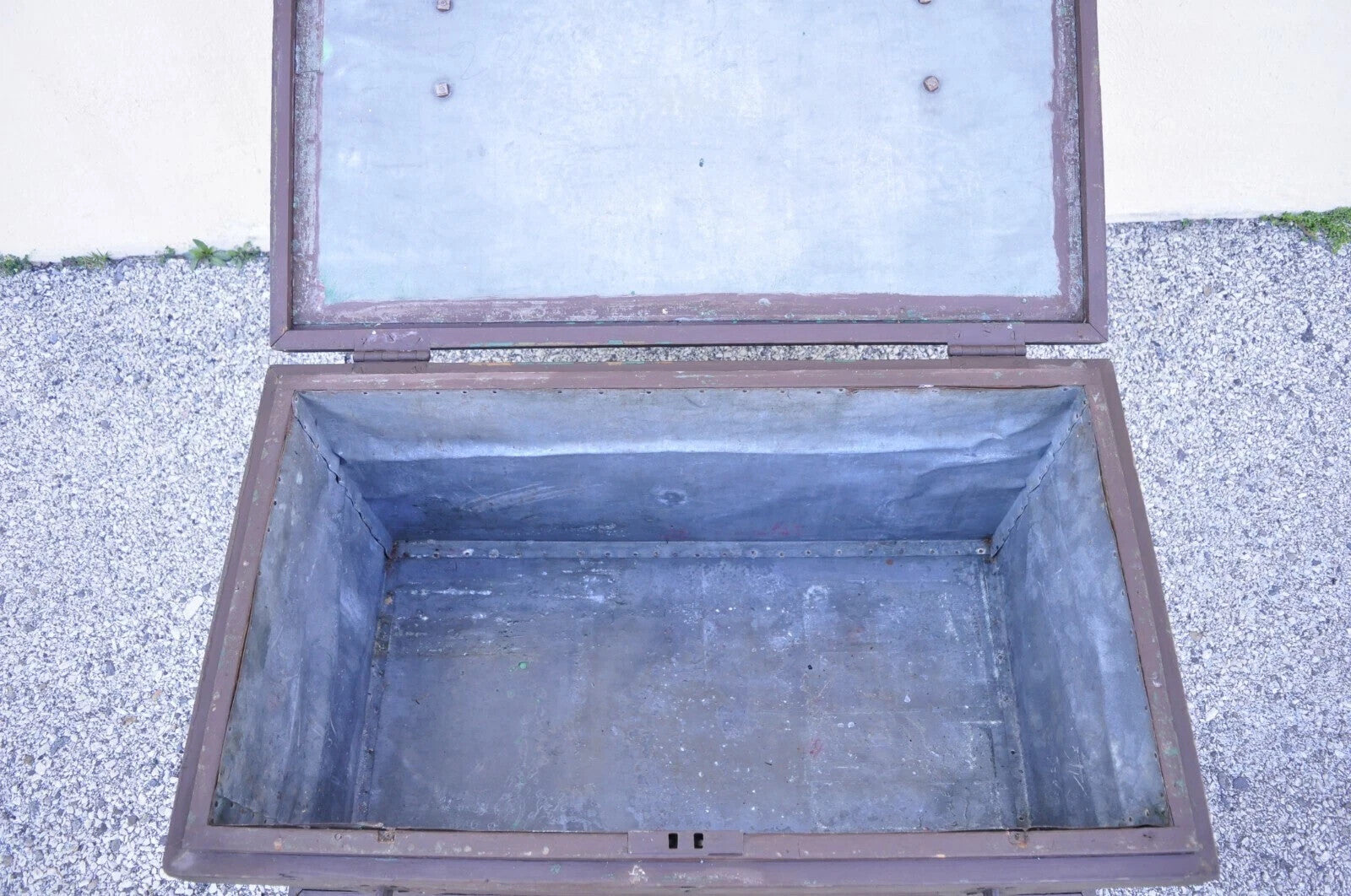 Antique English Campaign Brown Painted Wooden Military Blanket Chest Trunk