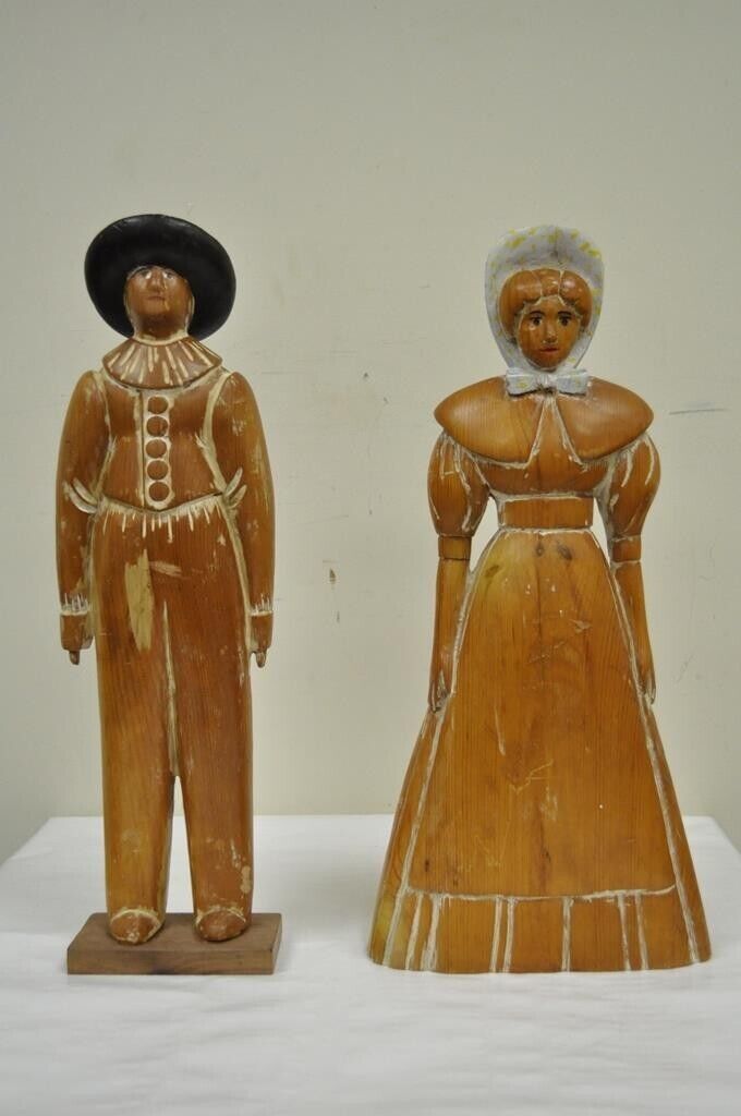 Vintage Sarreid Ltd Pine Wooden Folk Art Sculptures Man and Woman 22" Tall Pair