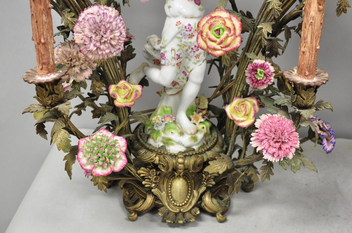 French Louis XV Repro Bronze & Porcelain Candelabra Lamps by United Wilson, Pair
