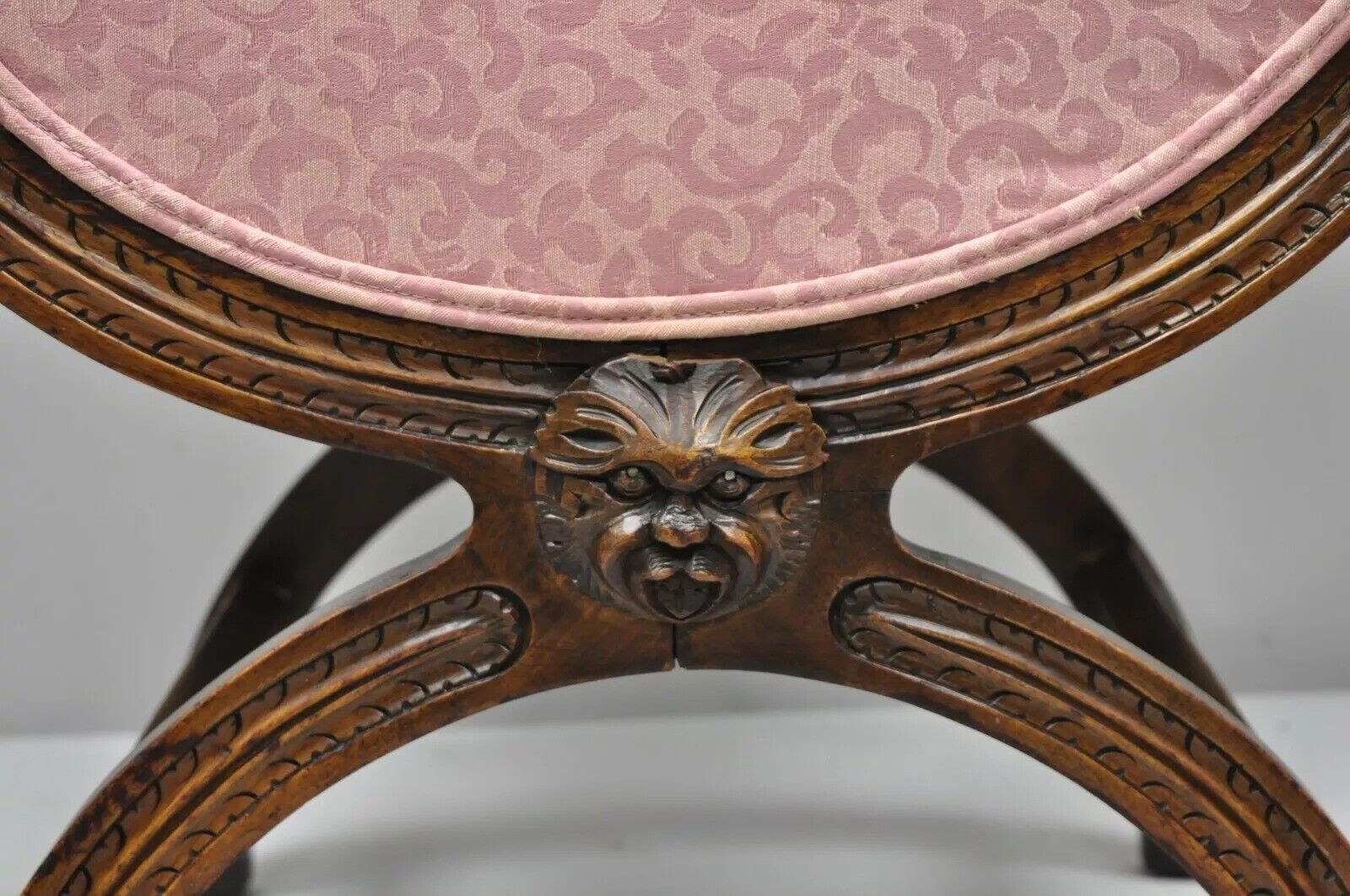 Antique Italian Renaissance Carved Walnut Northwind Face Curule Side Chair