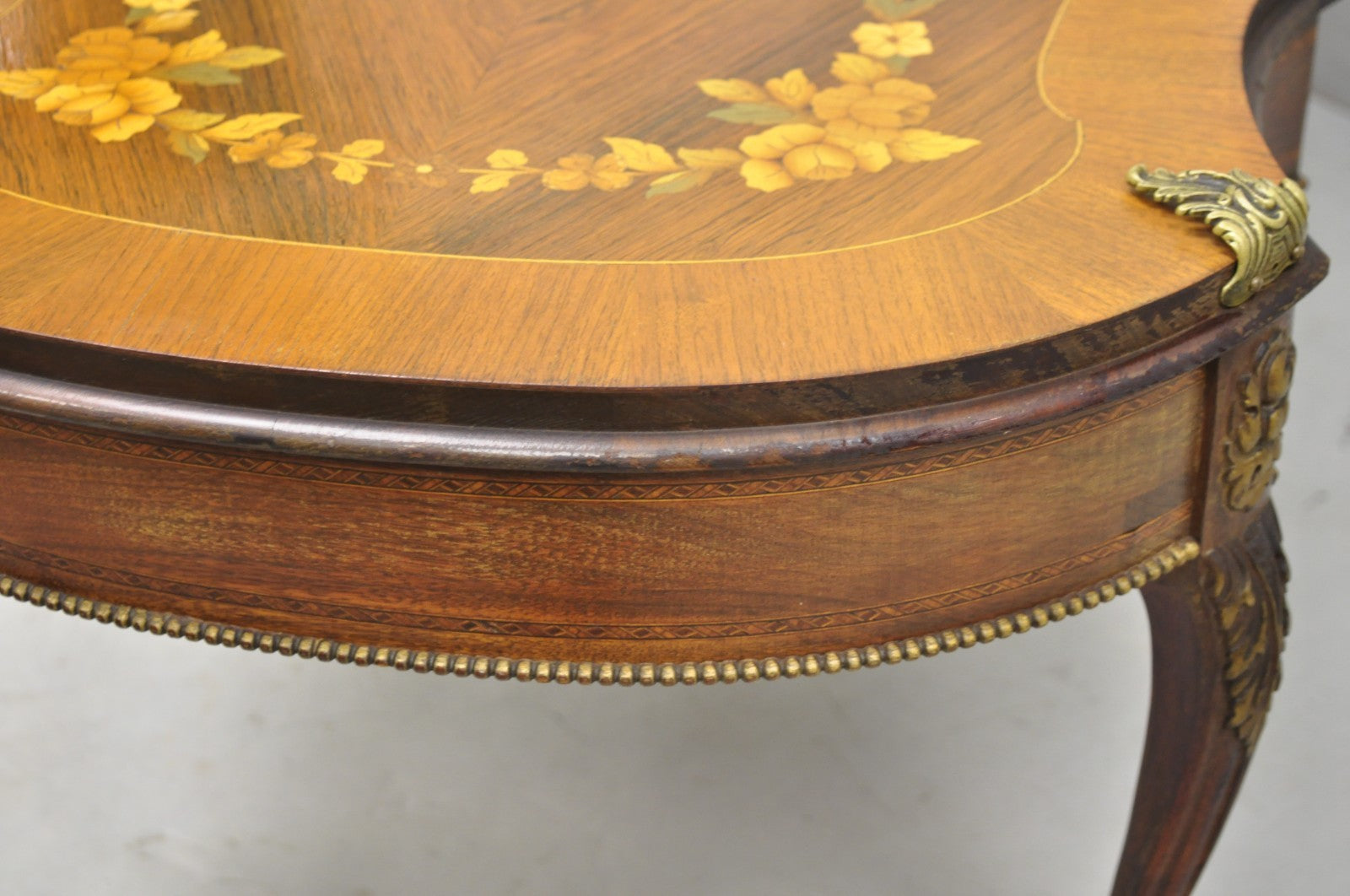 Antique French Louis XV Style Floral Inlay Walnut Coffee Table with Drawer