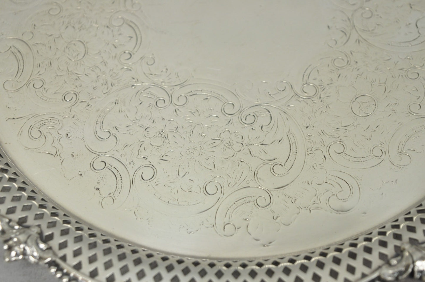 Vintage Barker Ellis English Edwardian Silver Plated Pierced Round Platter Tray