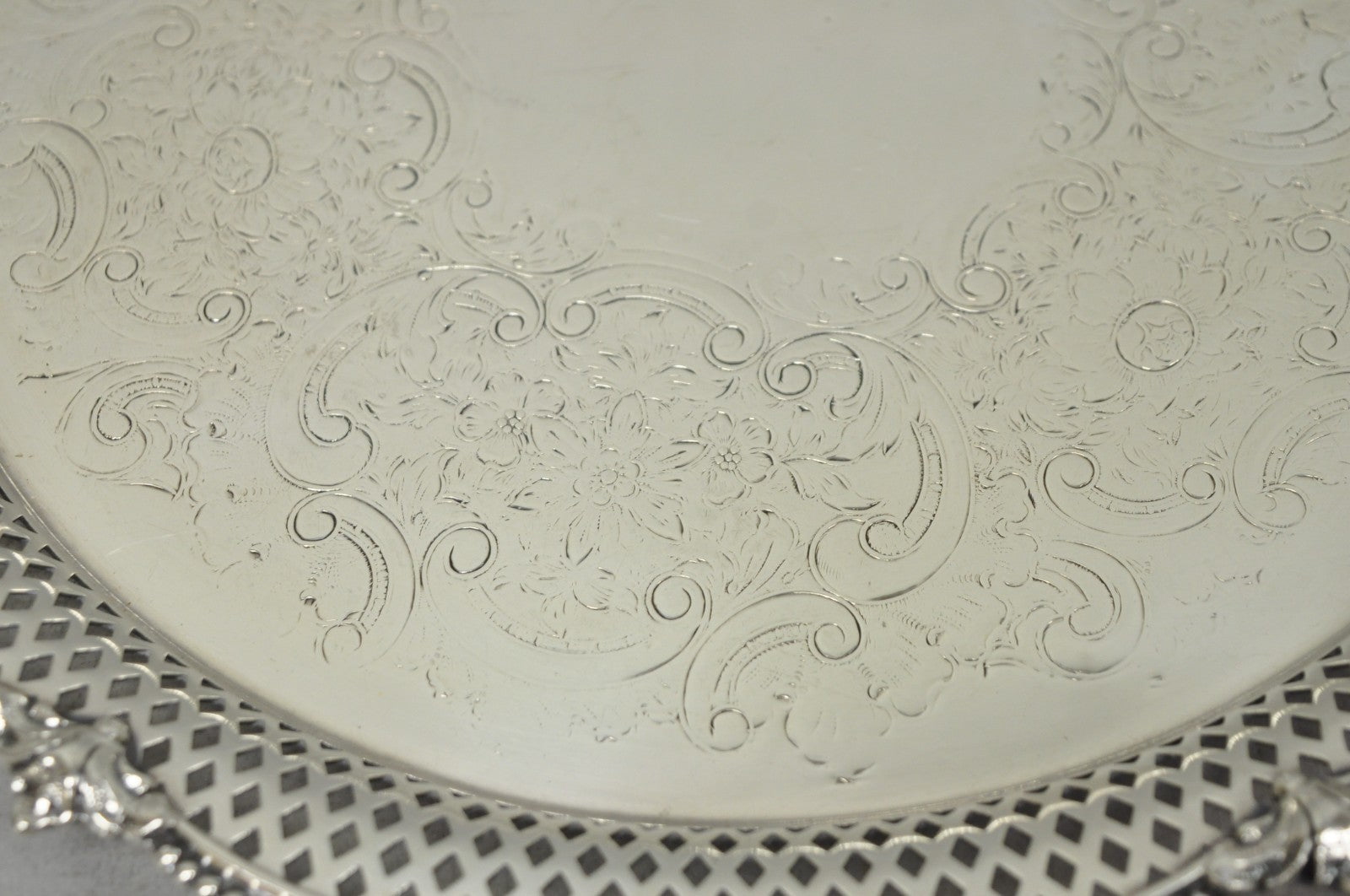 Vintage Barker Ellis English Edwardian Silver Plated Pierced Round Platter Tray