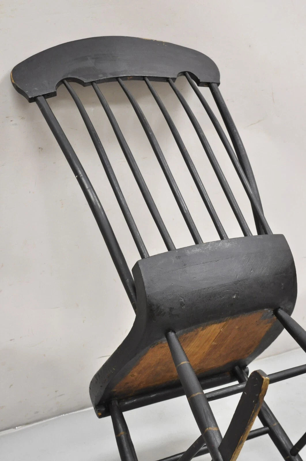 Antique Colonial Stencil Back Black Painted Plank Bottom Rocker Rocking Chair
