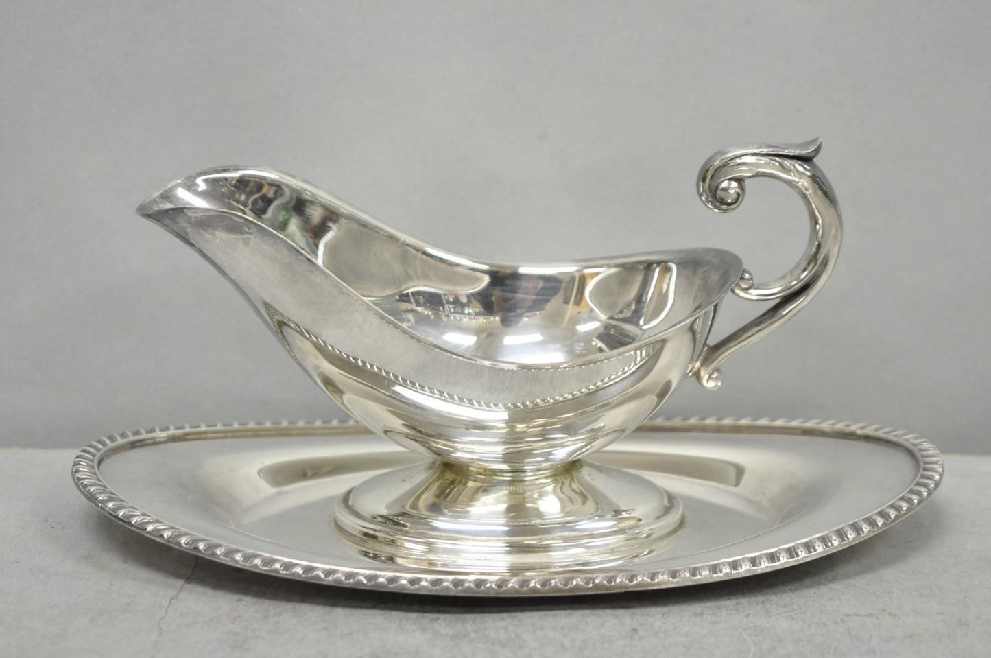 Vintage Crescent Victorian Silver Plated Gravy Sauce Boat on Attached Dish Plate