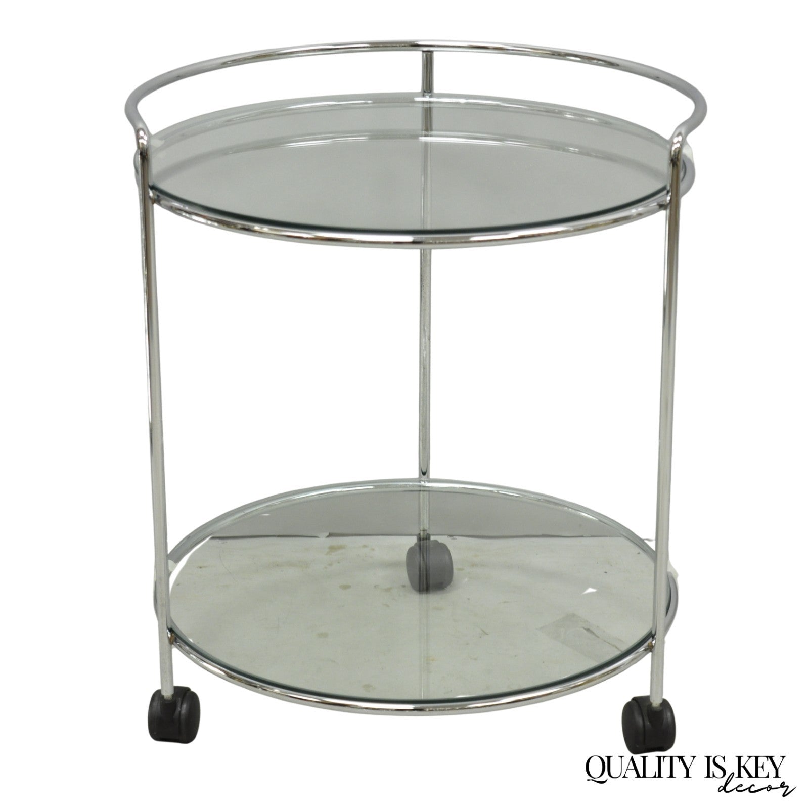 Vintage Mid Century Modern Chrome Round Glass 2 Tier Rolling Bar Cart Side Table