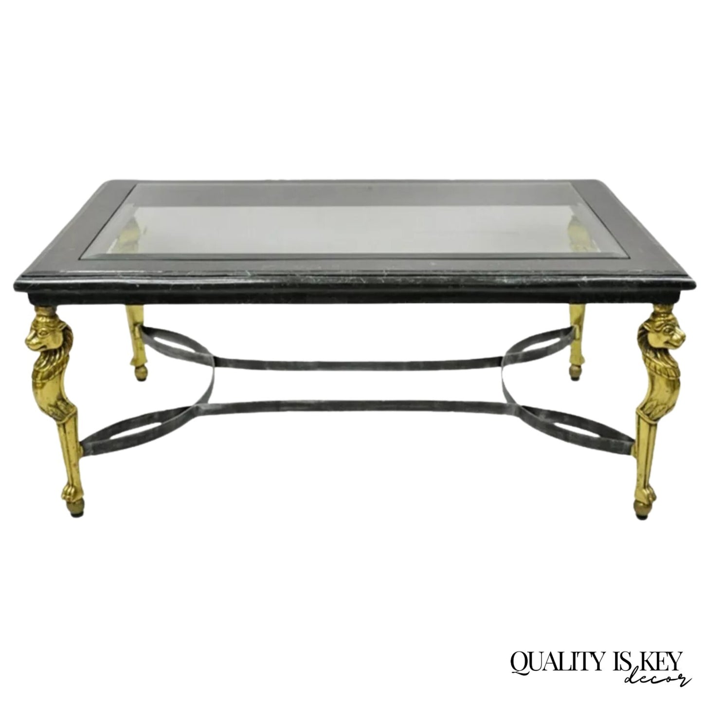 Italian Regency Style Brass Lion Marble Inlay Glass Top Steel Coffee Table