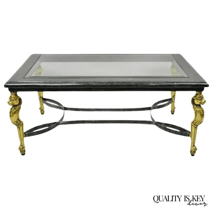 Italian Regency Style Brass Lion Marble Inlay Glass Top Steel Coffee Table