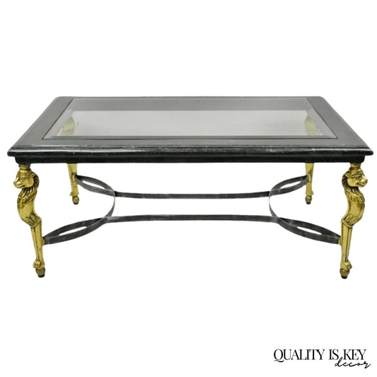 Italian Regency Style Brass Lion Marble Inlay Glass Top Steel Coffee Table