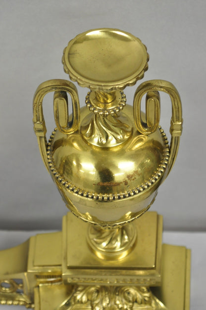 Vintage French Empire Style Gold Brass Urn Fireplace Chenet Andirons - a Pair