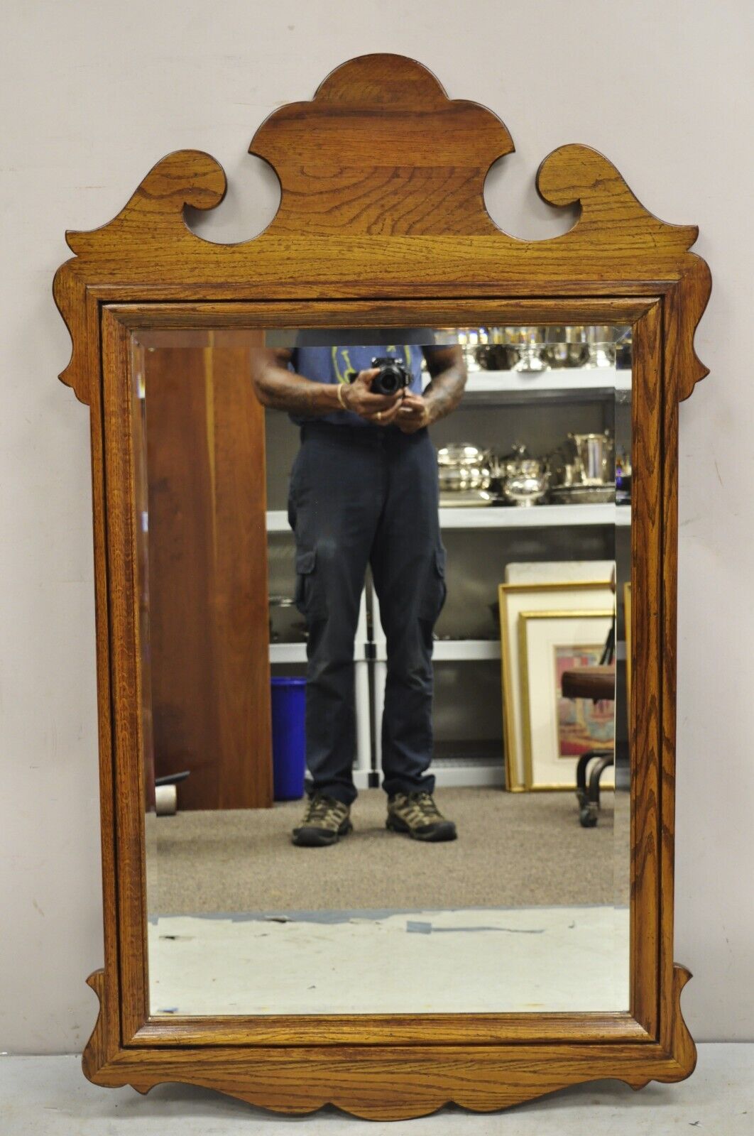 Vintage Ethan Allen Canterbury Oak Wood Colonial Style Beveled Glass Mirror