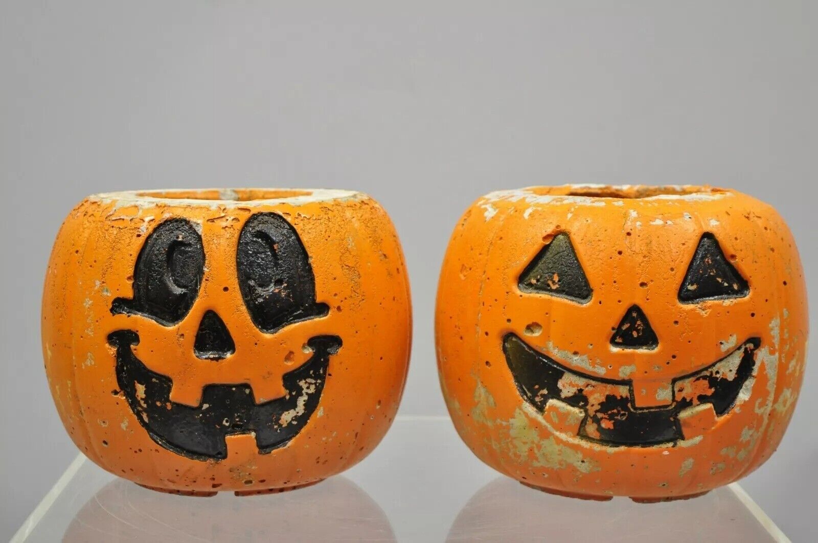 Vintage Orange Cement 8" Small Painted Garden Pumpkin Planter Plant Pot - Pair