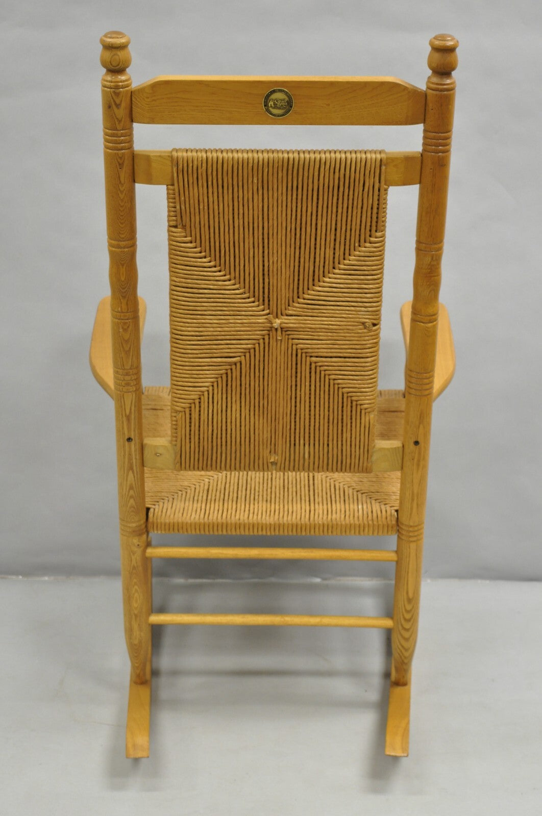 American Primitive Rustic Oak Wood Rush Seat Rocking Chair by Cracker Barrel