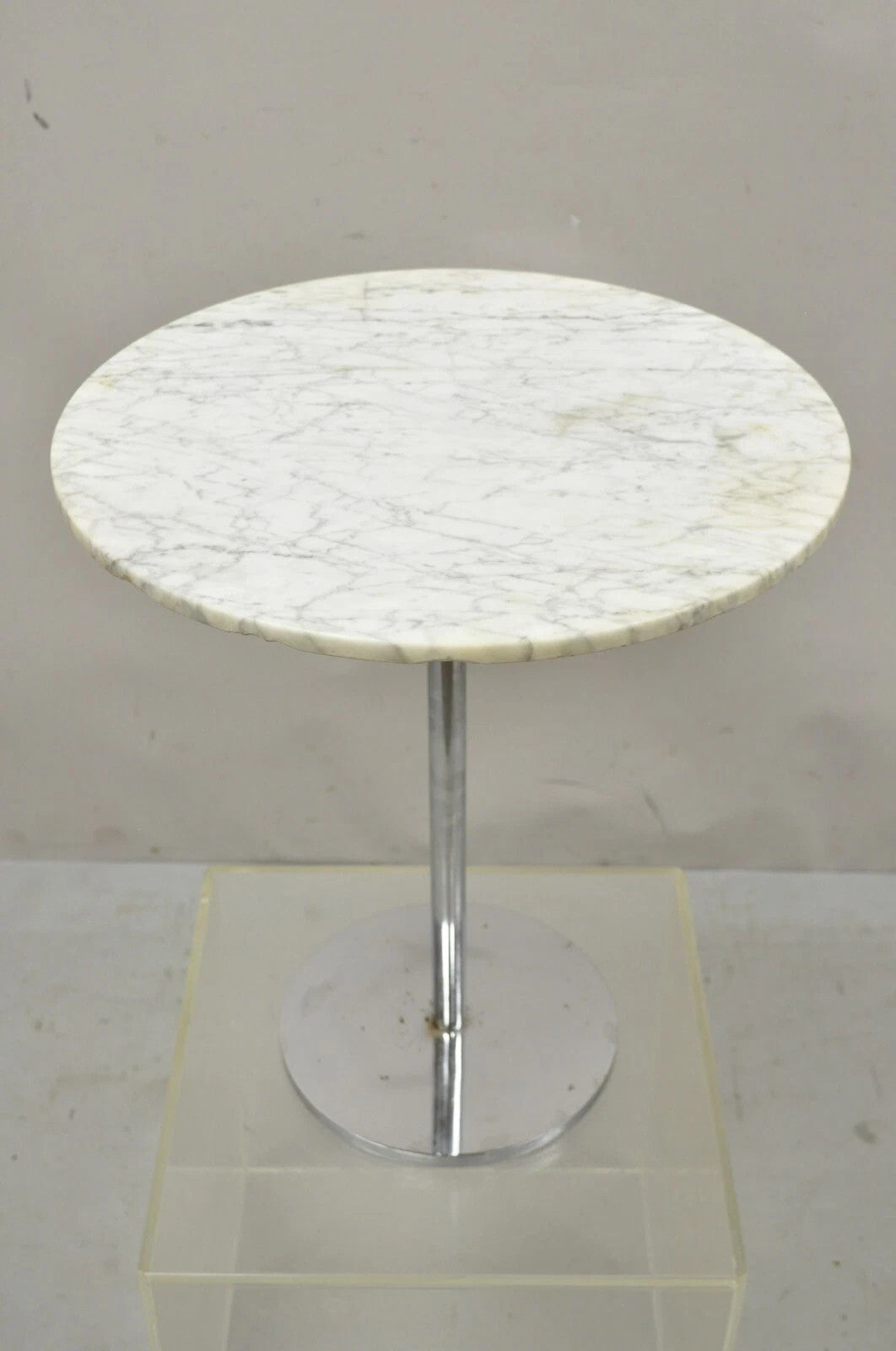 Mid Century Modern Hugh Acton Round Marble Top Chrome Lollipop Drinks Side Table