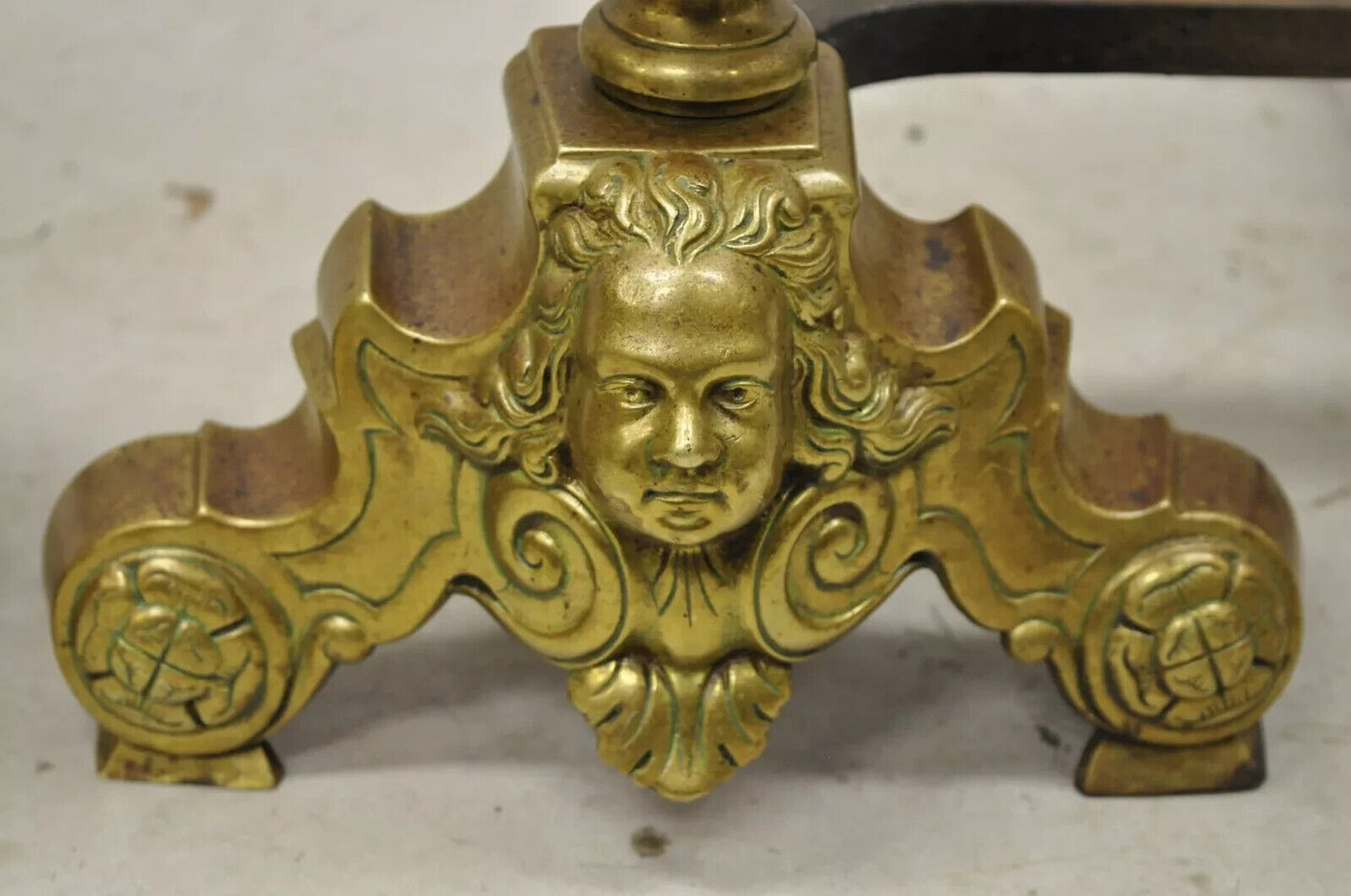 Vintage Beethoven Face French Rococo Brass Cannonball Fireplace Andirons - Pair