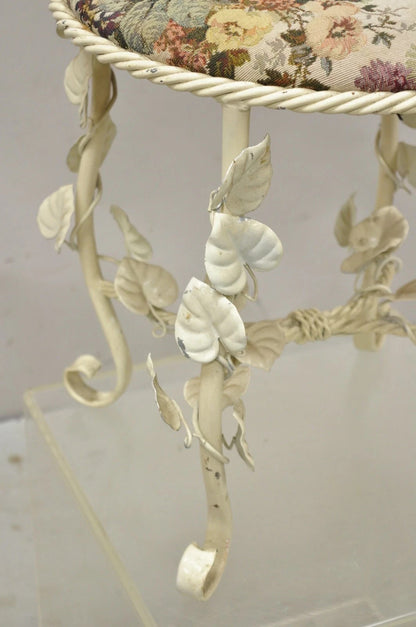 Vintage Italian Hollywood Regency White Metal Rope Floral Vanity Bench Stool