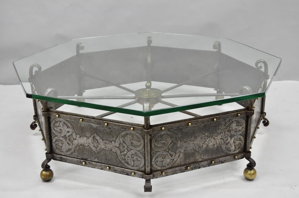 Antique Gothic Spanish Renaissance Steel Brass Octagonal Glass Top Coffee Table