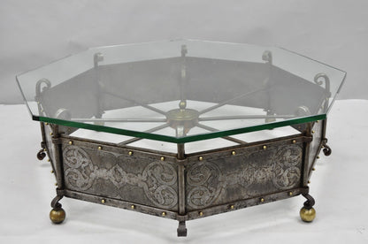 Antique Gothic Spanish Renaissance Steel Brass Octagonal Glass Top Coffee Table