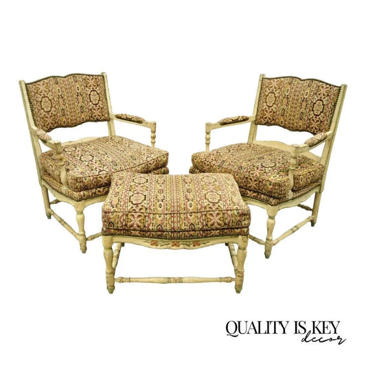 Vintage French Country Cream Distress Painted Lounge Arm Chairs & Ottoman a Pair