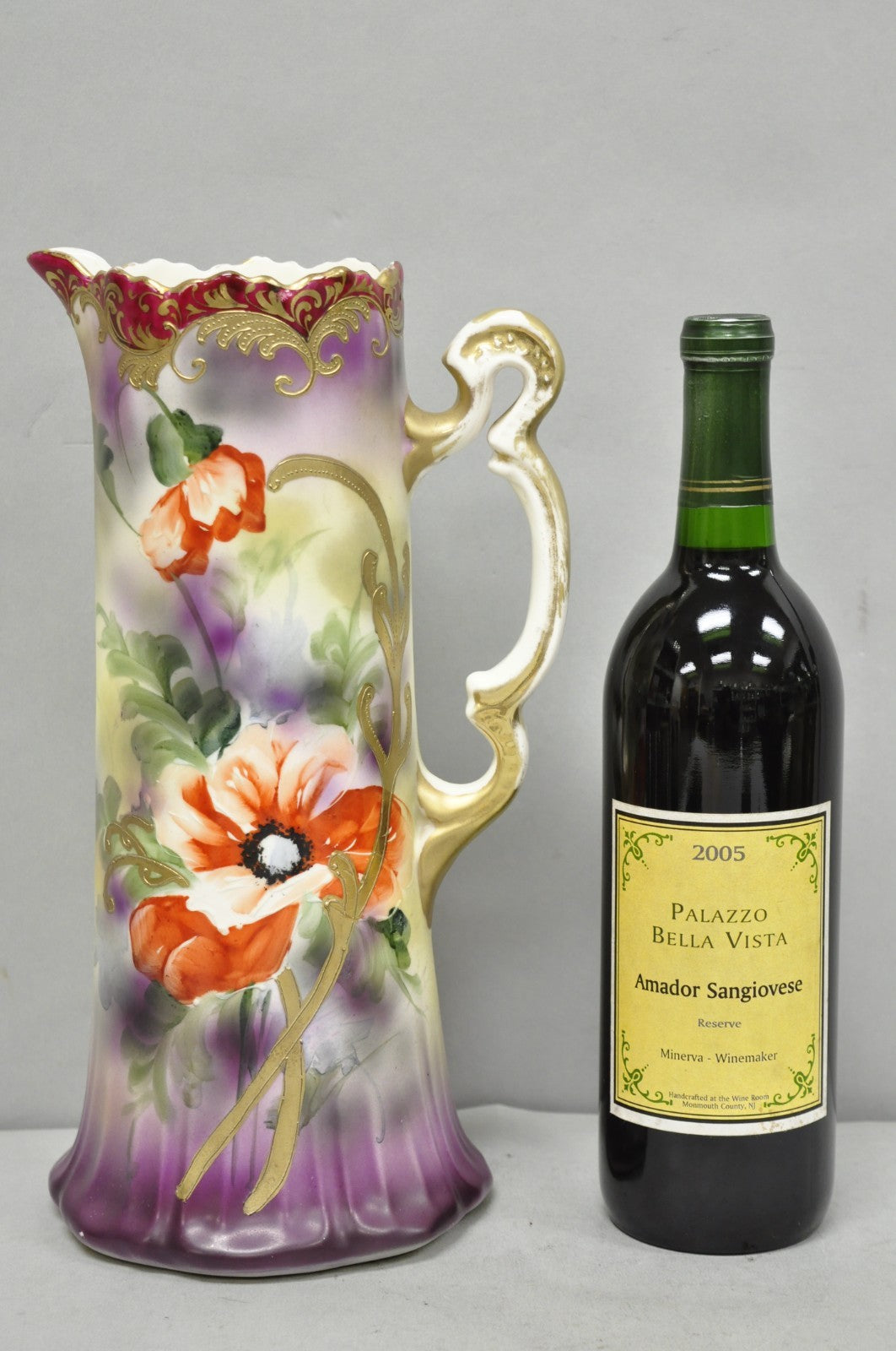 Antique Nishiku Royal Nippon Hand Painted Floral Gold Gilt Handle Water Pitcher